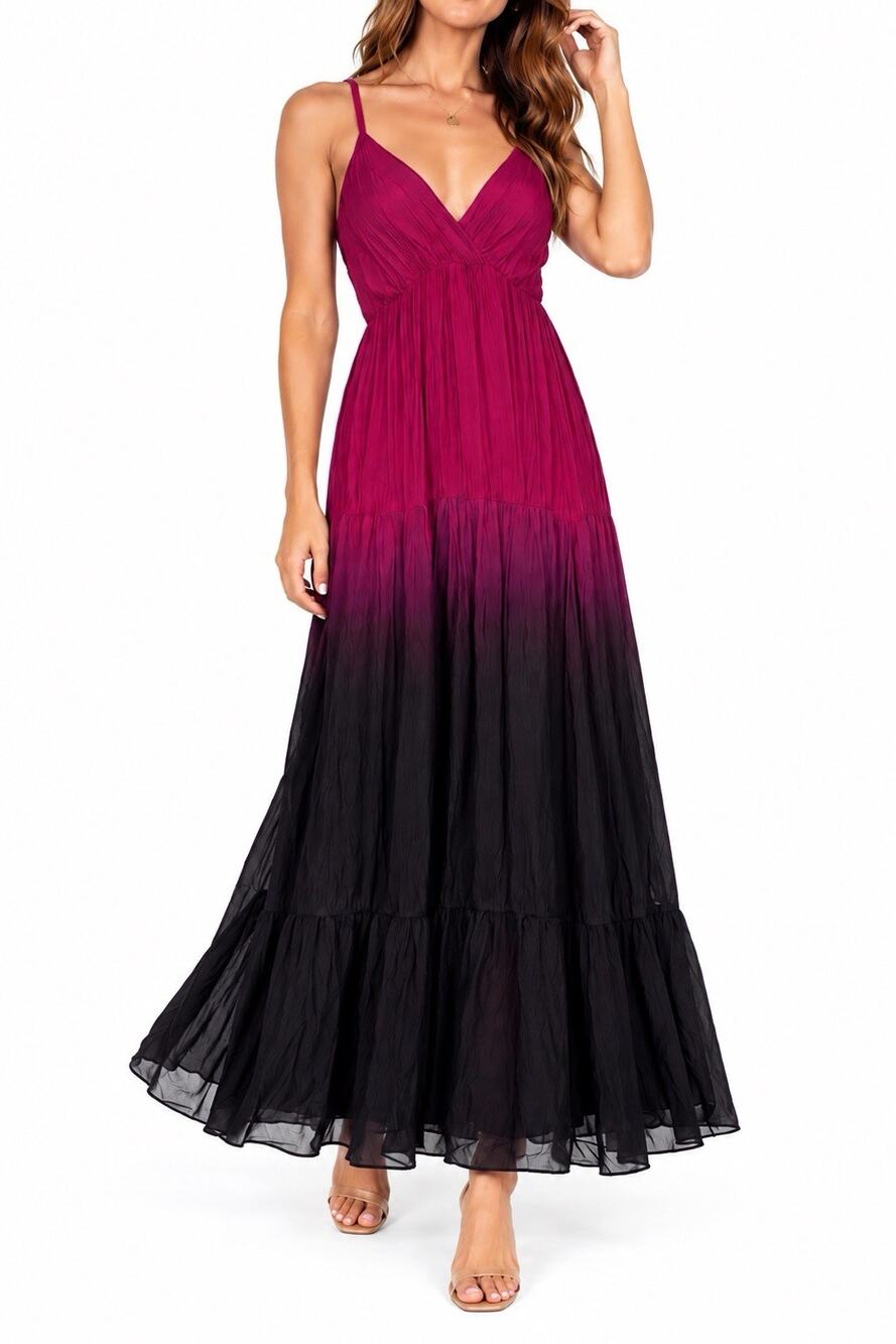 Keysha Made In Italy Silk Ombre Maxi Dress Size M Fuchsia Black Tiered